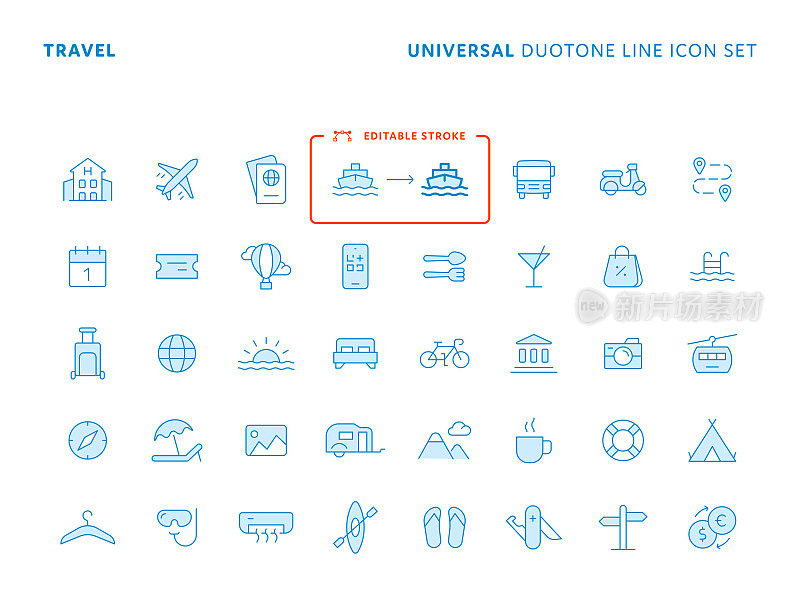 旅行概念通用双音平线图标集与可编辑的笔画。图标适用于网页，移动应用程序，UI, UX和GUI设计。